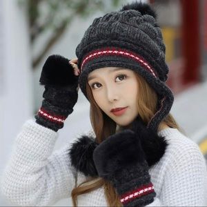 Fur Pom Poms Winter Beanie Hat & Fingerless Gloves